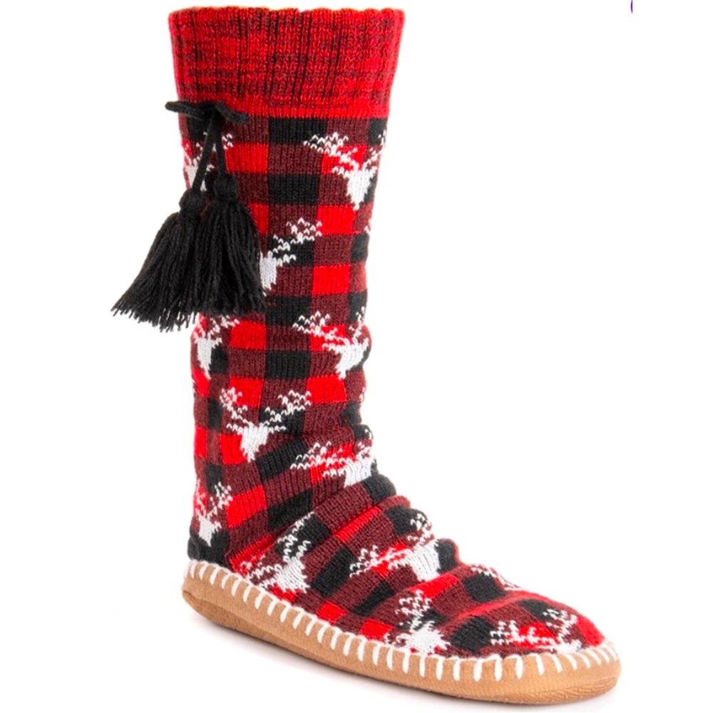Buffalo Check Reindeer Tassel Slipper Socks NWOT